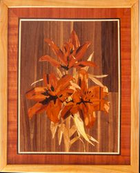 Lilies flowers wood mosaic framed panel floral design eco gift inlay wall hanging home decor boho art wood decor ready