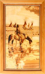 Native American Indian on horse landscape Vintage rustic style marquetry inlay framed picture wall art panel wood eco