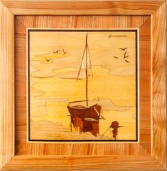 Schooner seascape marine sail home decor boho style marquetry inlay framed picture wall art panel decor eco gift wood
