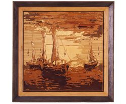 Schooners seascape marine home decor boho style marquetry inlay framed picture wall art panel home decor eco gift wood