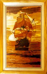 Sailing Ship seascape marine wood home decor rustic style inlay framed picture wall art panel home decor eco gift wood