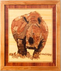 Rhinoceros wildlife wood mosaic rhino wild nature eco gift inlay framed panel wall hanging home decor art wood decor