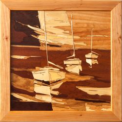 3 schooner seascape marine sail home decor cubism style marquetry inlay framed picture wall art panel decor gift wood