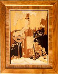Wine and grape still life framed boho style picture wood veneer inlay marquetry living room wall art home decor gift