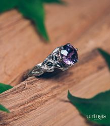 Unique Silver Twig & Large Natural Amethyst Engagement Ring for Women Nature Inspired