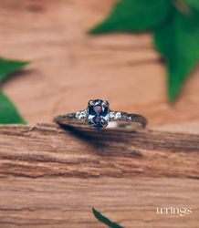 Tiny Twig Oval Tanzanite Engagement Ring for Women Cute Silver Nature inspired Tree Branch Ring Tiny Diamond Side Stones