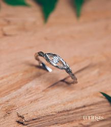 Fantasy Twig and CZ Diamond Engagement Ring with Leaves Nature inspired Thin Silver Fairy Tree Branch Ring