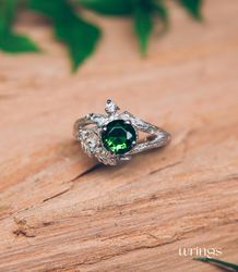 Silver Emerald Engagement Ring Shiny Oak Leaves on Split Tree Branch - Nature Inspired Large Statement Ring for Women