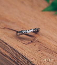 Thin Stackable Curved Chevron Wedding Band Shiny CZ Diamonds on a Tree Branch - Tiny Silver Wishbone ring for Women