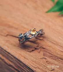 Vivid Citrine on a Braided Branch Engagement Ring Silver Fairy Two Leaves and Flower on Twig Ring Forest Nature Inspired