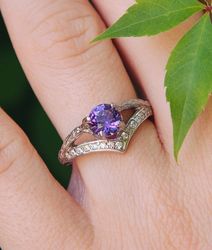 Fairy Branch Natural Amethyst Chevron Ring with Cubic Zirconia Unique Silver Tree Twig Engagement Ring for Women