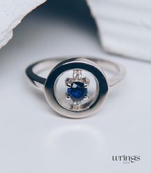 blue sapphire open cocktail ring for women silver round engagement ring side with simulated diamond cubic zirconia