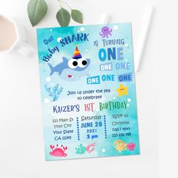 Baby Shark Birthday Party Invitation Under The Sea Blue and Pink Invite - Digital File