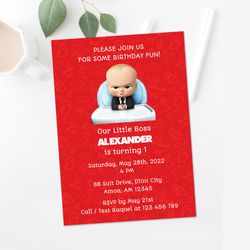 Boss Baby 1st Birthday Party Invitation Red Baby Patterns  - Digital File
