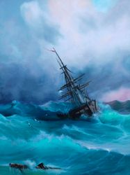 Seascape Oil Painting Stormy Sea Artwork Turquoise Wave Ship wracking