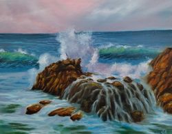 Oil painting sea coast Gentle sky Seascape Ocean trasparent wave and foam Wallart on canvas for bedroom