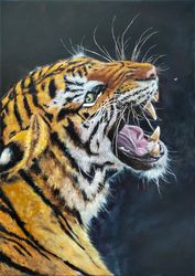 Oil painting Tiger on black background Minimalistic wild animal Wallart on canvas