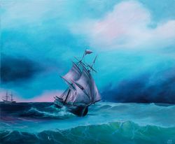 Commission Seascape oil painting Ship on the turquoise wave Wall art on