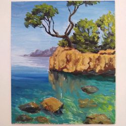 Seascape oil painting Landscape with rock seaside Twisted tree Turquoise water Croatia coast Fine art