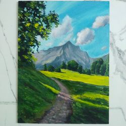 Landscape oil painting with mountains Switzerland Green hill and track Small artwork