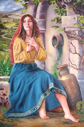 Christian Girl oil painting with landscape Religious inspiration Figurative art