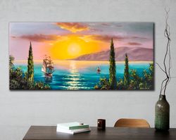 Seascape oil painting Sunset with clouds art Ship in Turquoise water Slender and tall junipers Bright Wall art on canvas