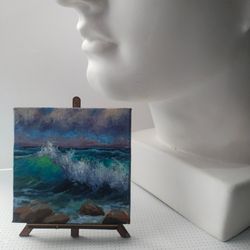 Original Seascape Oil Painting, Miniature canvas with easel, Turquoise Wave art decor, Unique gift for art lover