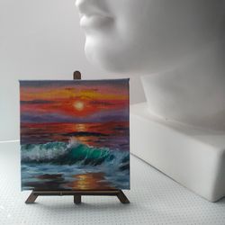 Original Sunset Seascape Oil Painting, miniature canvas with easel, Ocean turquoise wave art decor, Unique gift