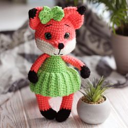 Fox stuffed animal toy, fox doll, woodland toy, fox in dress, crochet fox, amigurumi fox