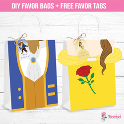 Beauty and the beast printable favor bags - Princess belle DIY favor bags - Belle favor bags
