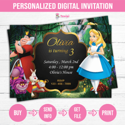 Alice in wonderland printable birthday invitation - Alice in wonderland Personalized invitation