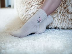 Hand Knitted and Embroidered White Socks – Cozy Handmade Women's Footwear - Luxurious Comfort in Merino Wool and Acrylic