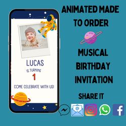 animated musical birthday invitation with photo space theme birthday invitation, digital download