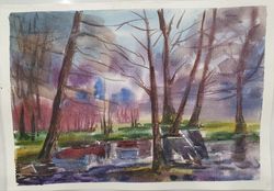 early spring landscape watercolor drawing