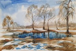 The winter landscape is made with watercolors