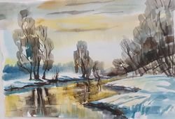 drawing of early spring, river, ice, golden sunset made in watercolor