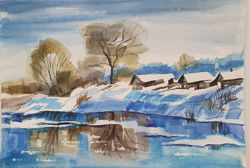 watercolor drawing of winter in a Russian village