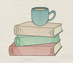 Books and coffee embroidery design 3 Sizes-INSTANT D0WNL0AD