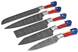 chef knife set, kitchen knife set, american flag handle style knife set, handmade damascus steel chef kitchen knife set