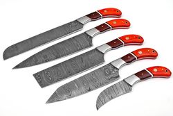 custom handmade damascus steel chef kitchen knife set 5 pcs with leather sheath roll