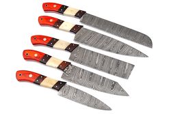 handmade damascus steel chef kitchen knife set 5 pcs set with leather sheath roll