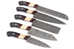custom handmade damascus steel chef kitchen knife set 5 pcs set with leather sheath