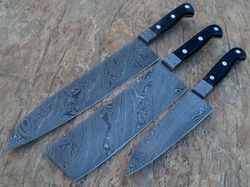 custom handmade damascus steel kitchen chef knives set lot of 3 pieces