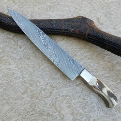 damascus knives custom handmade-13.5" inches stag horn handle chef kitchen knife