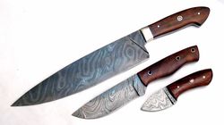 damascus knives custom handmade- rose wood handle chef knife lot of 3