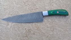 damascus knives custom handmade-13" inches green wood handle chef kitchen knife