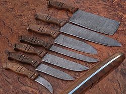 7 pc's high quality hand forged damascus steel kitchen knives set withwalnut wood handle