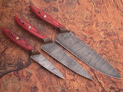 damascus blade 3 pc's. kitchen knives set with pukka wood handles