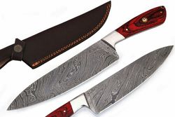 damascus knives custom handmade-12.5" inches red wood handle chef kitchen knife