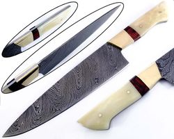 damascus knives custom handmade-13" inches bone & wood handle chef kitchen knife